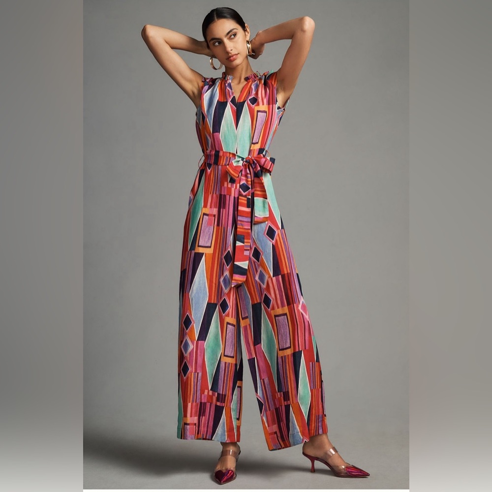 NEW Ranna Gill Printed Ruffle V-Neck Wide-leg Jumpsuit (Small)